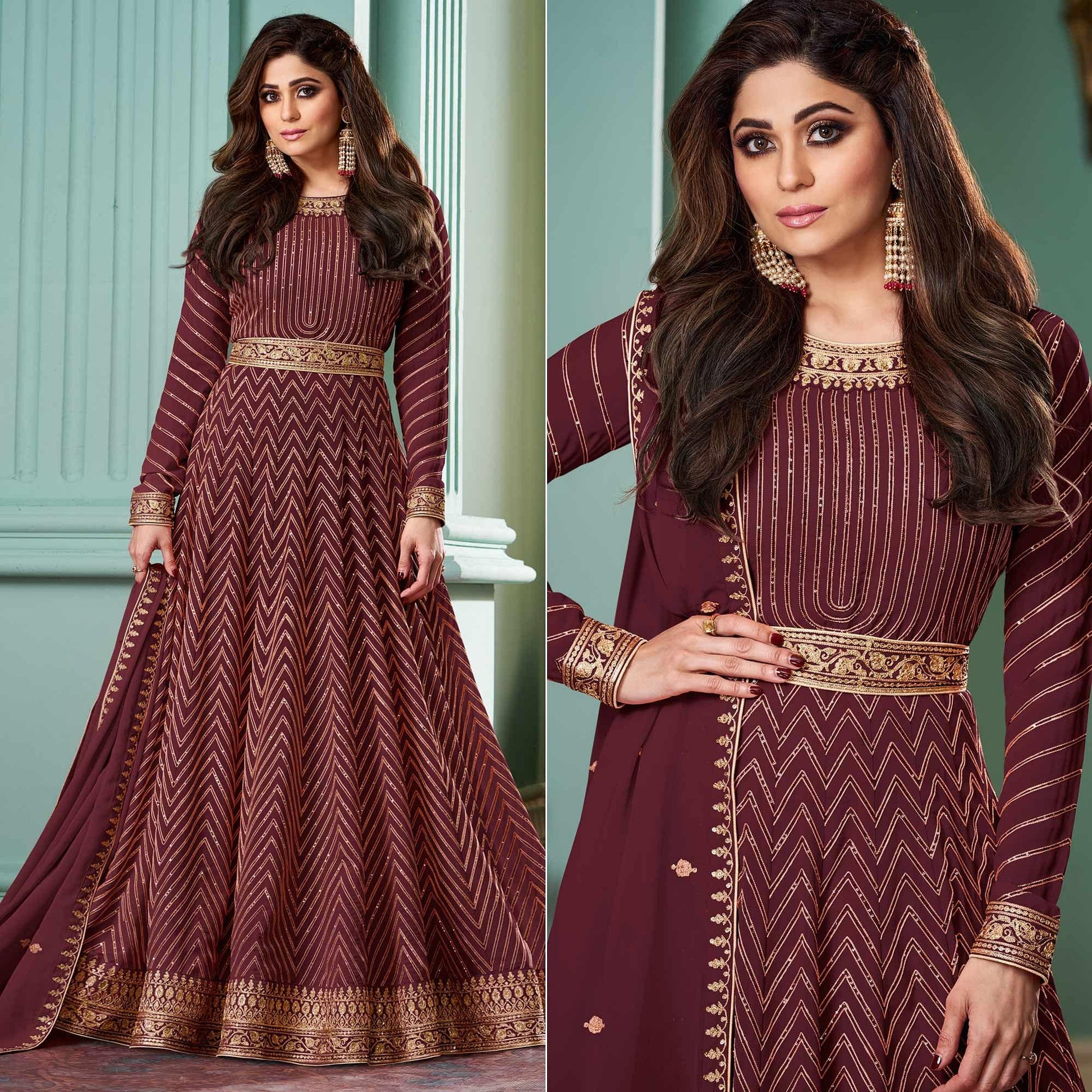 Maroon Partywear Sequins Embroidered Georgette Gown
