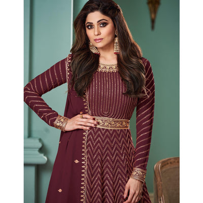 Maroon Partywear Sequins Embroidered Georgette Gown