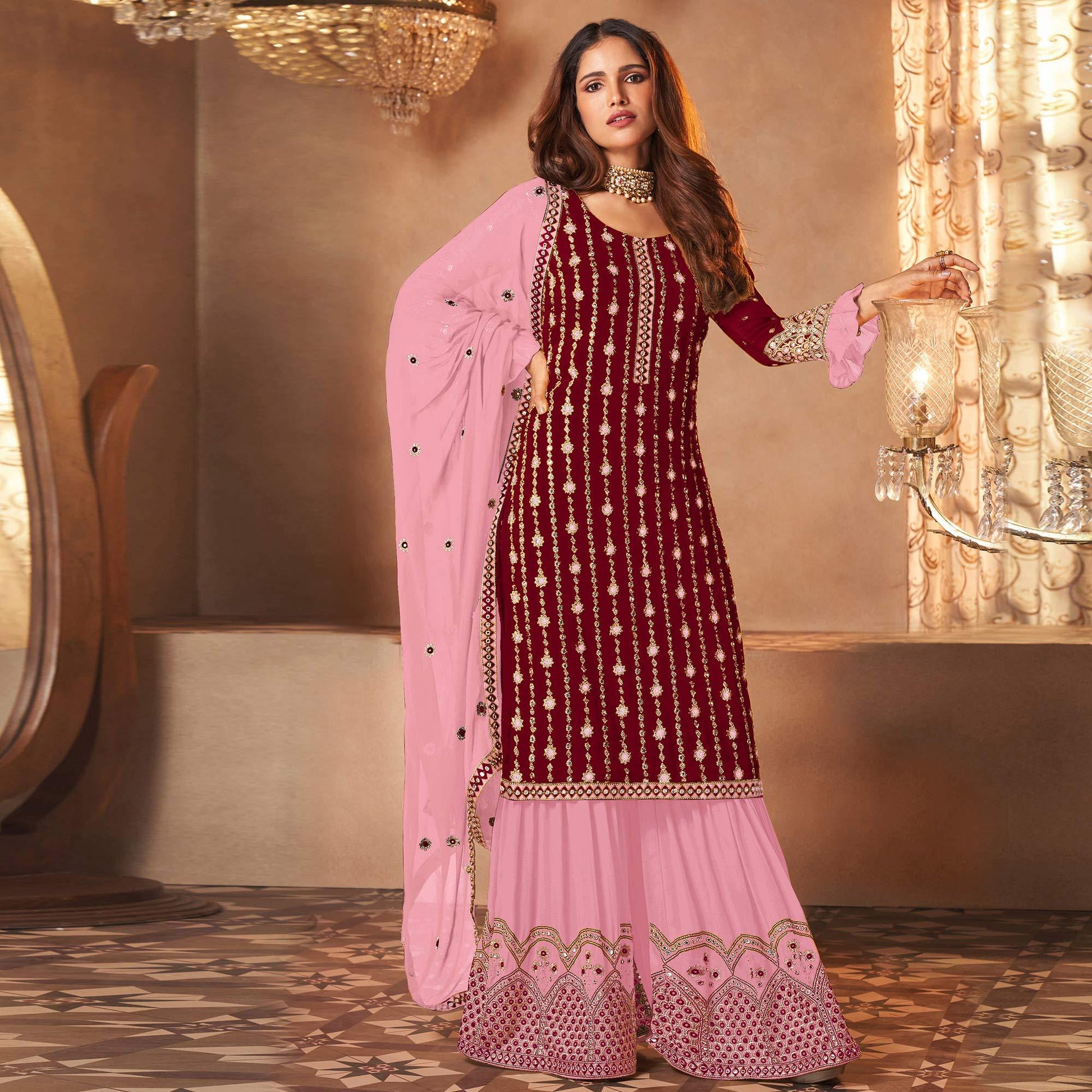 Maroon Partywear Sequins Embroidered Georgette Palazzo Suit