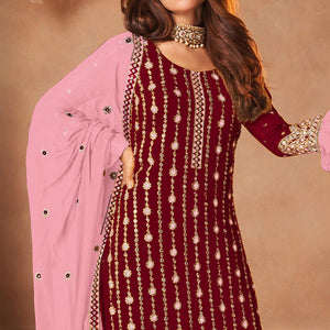 Maroon Partywear Sequins Embroidered Georgette Palazzo Suit