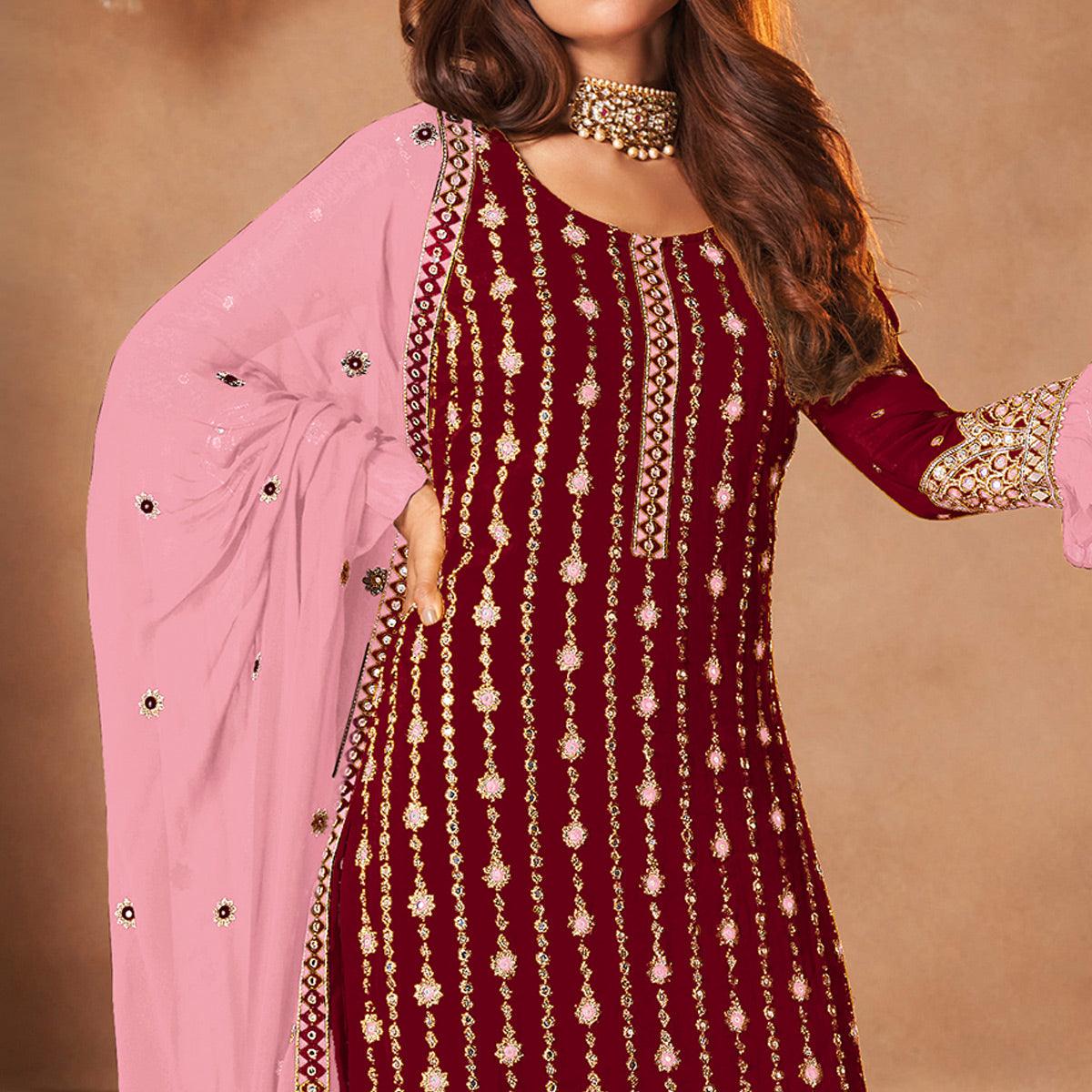 Maroon Partywear Sequins Embroidered Georgette Palazzo Suit