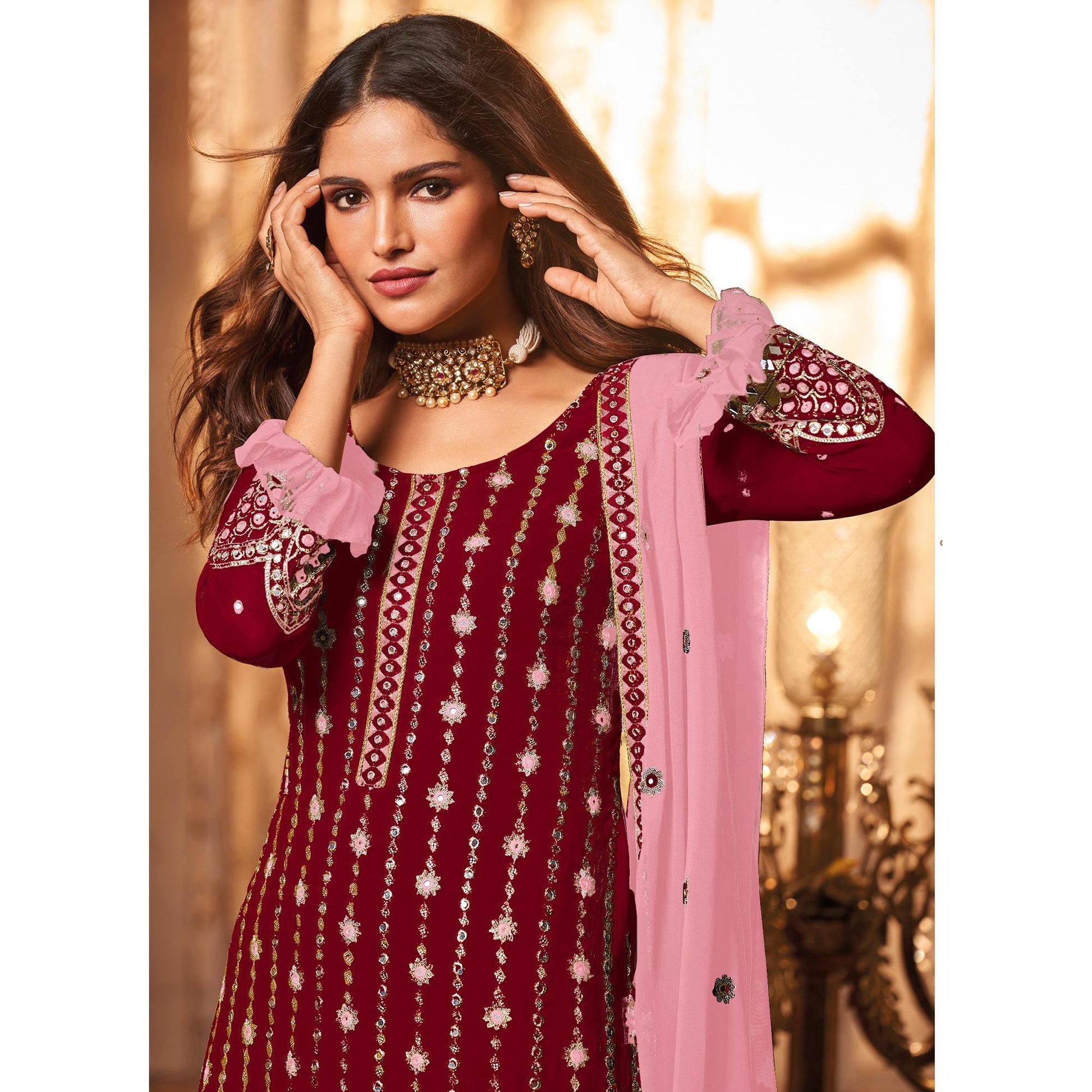 Maroon Partywear Sequins Embroidered Georgette Palazzo Suit
