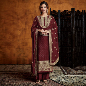 Maroon Partywear Sequins Embroidered Real Georgette Palazzo Suit