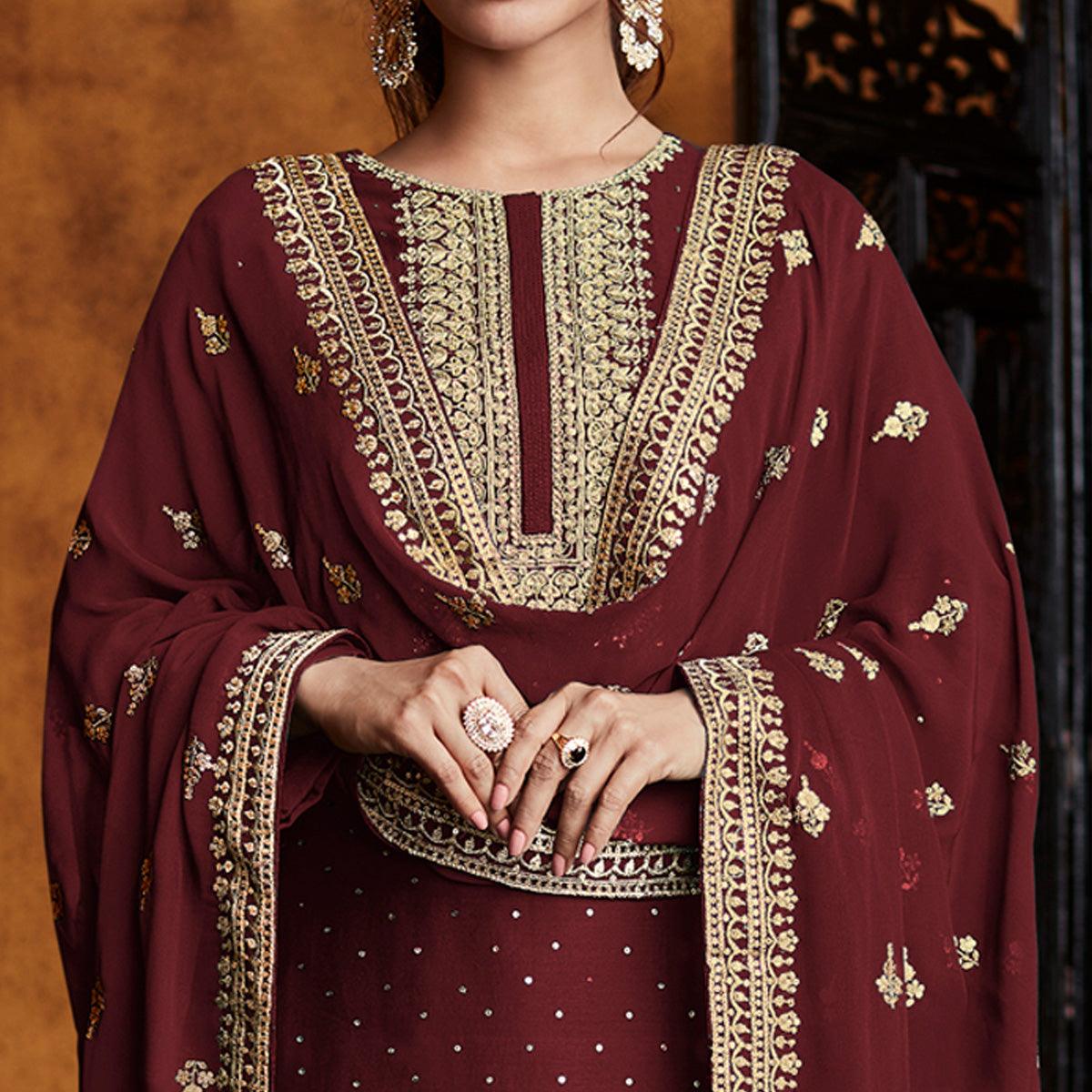 Maroon Partywear Sequins Embroidered Real Georgette Palazzo Suit