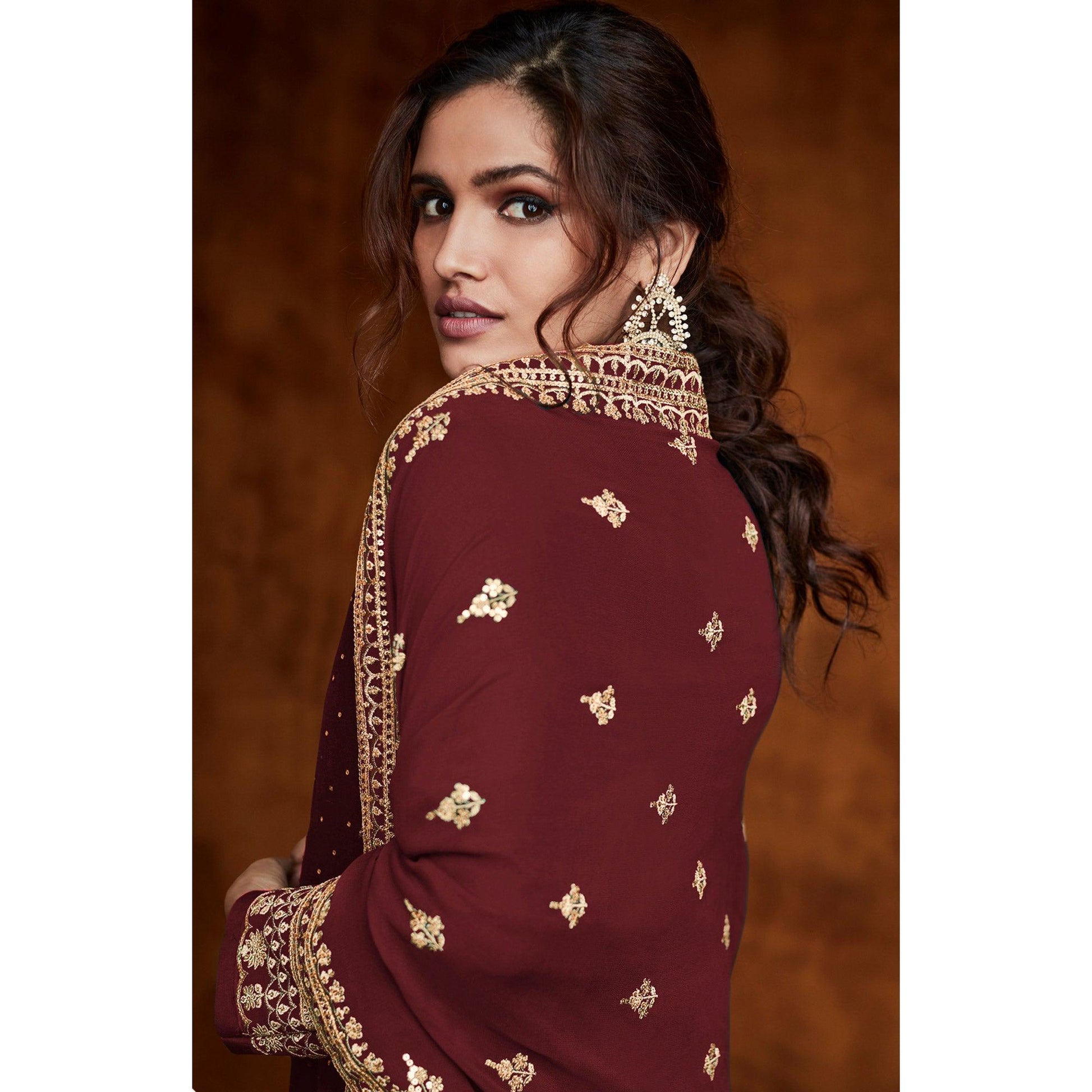 Maroon Partywear Sequins Embroidered Real Georgette Palazzo Suit