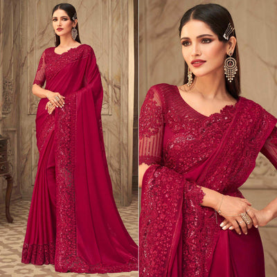 Maroon Partywear Sequins Embroidered  Silk Saree
