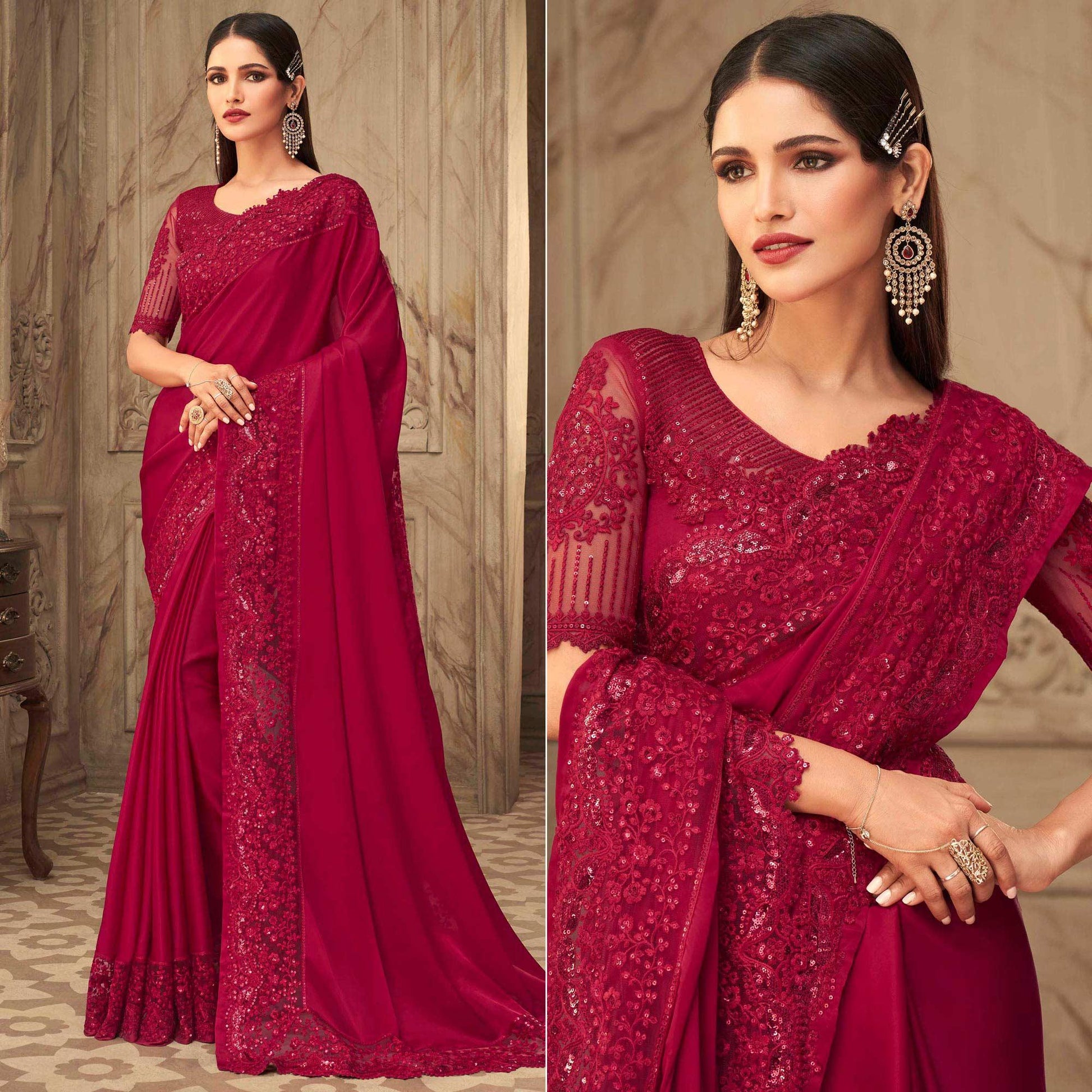 Maroon Partywear Sequins Embroidered  Silk Saree