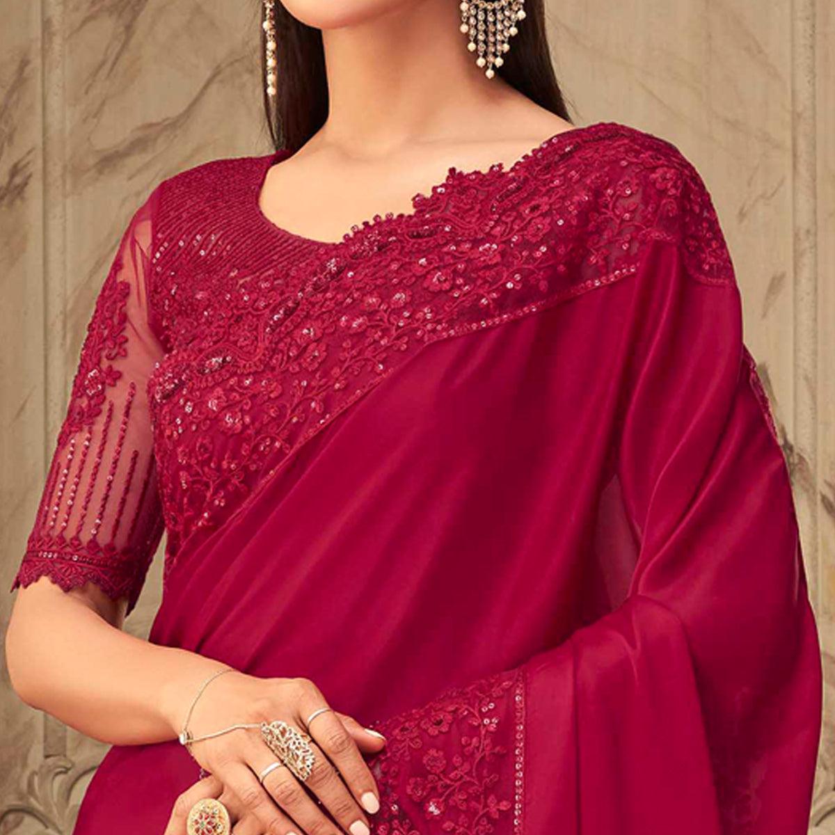 Maroon Partywear Sequins Embroidered  Silk Saree