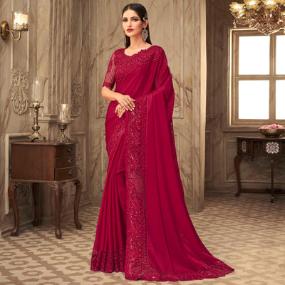 Maroon Partywear Sequins Embroidered  Silk Saree