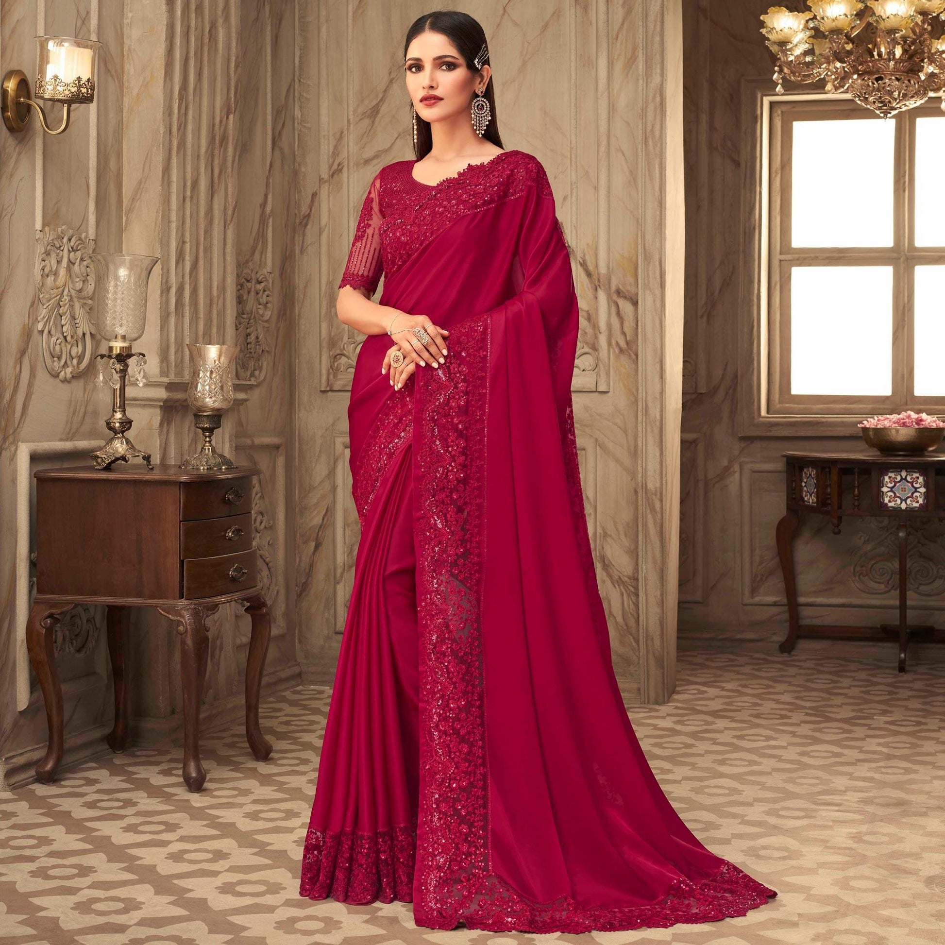 Maroon Partywear Sequins Embroidered  Silk Saree