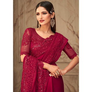 Maroon Partywear Sequins Embroidered  Silk Saree