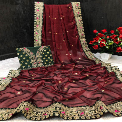 Maroon Partywear Sequins Work And Thread Work Two Tone Silk Saree
