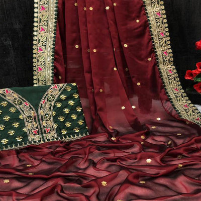 Maroon Partywear Sequins Work And Thread Work Two Tone Silk Saree