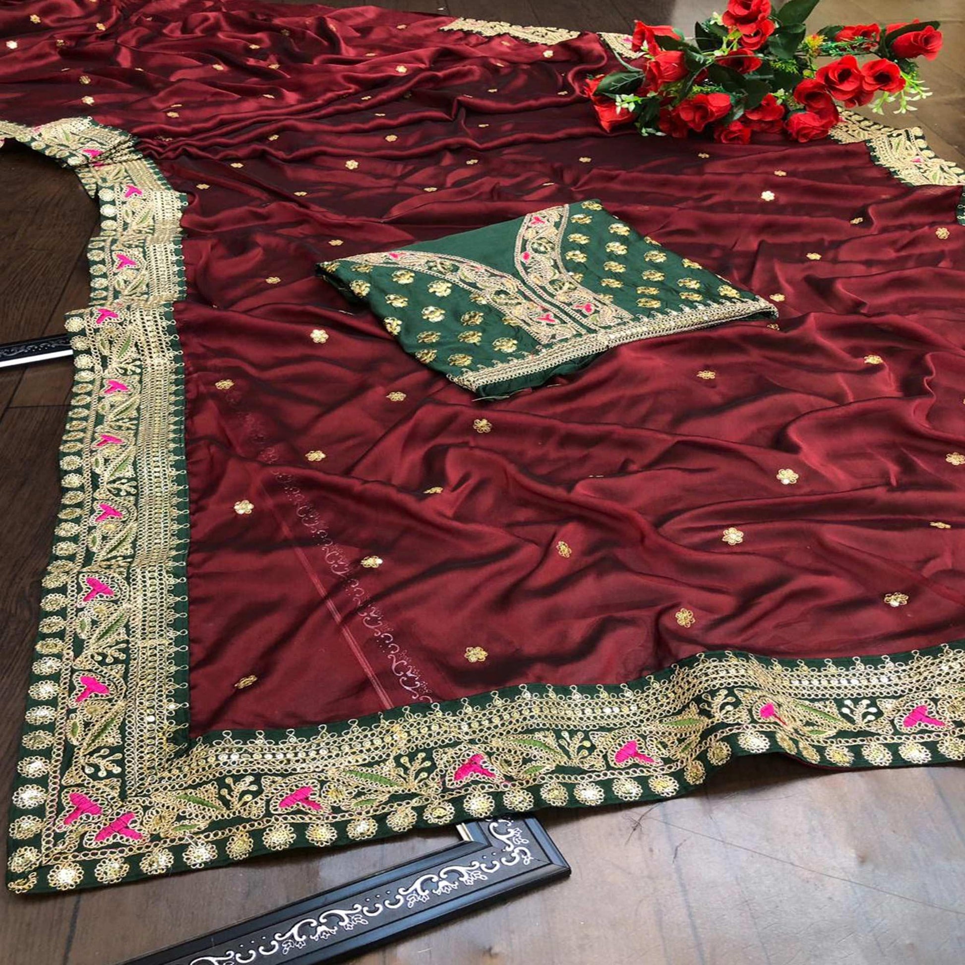 Maroon Partywear Sequins Work And Thread Work Two Tone Silk Saree