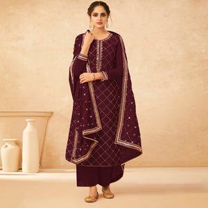 Maroon Partywear Sequins Work Real Georgette Palazzo Suit