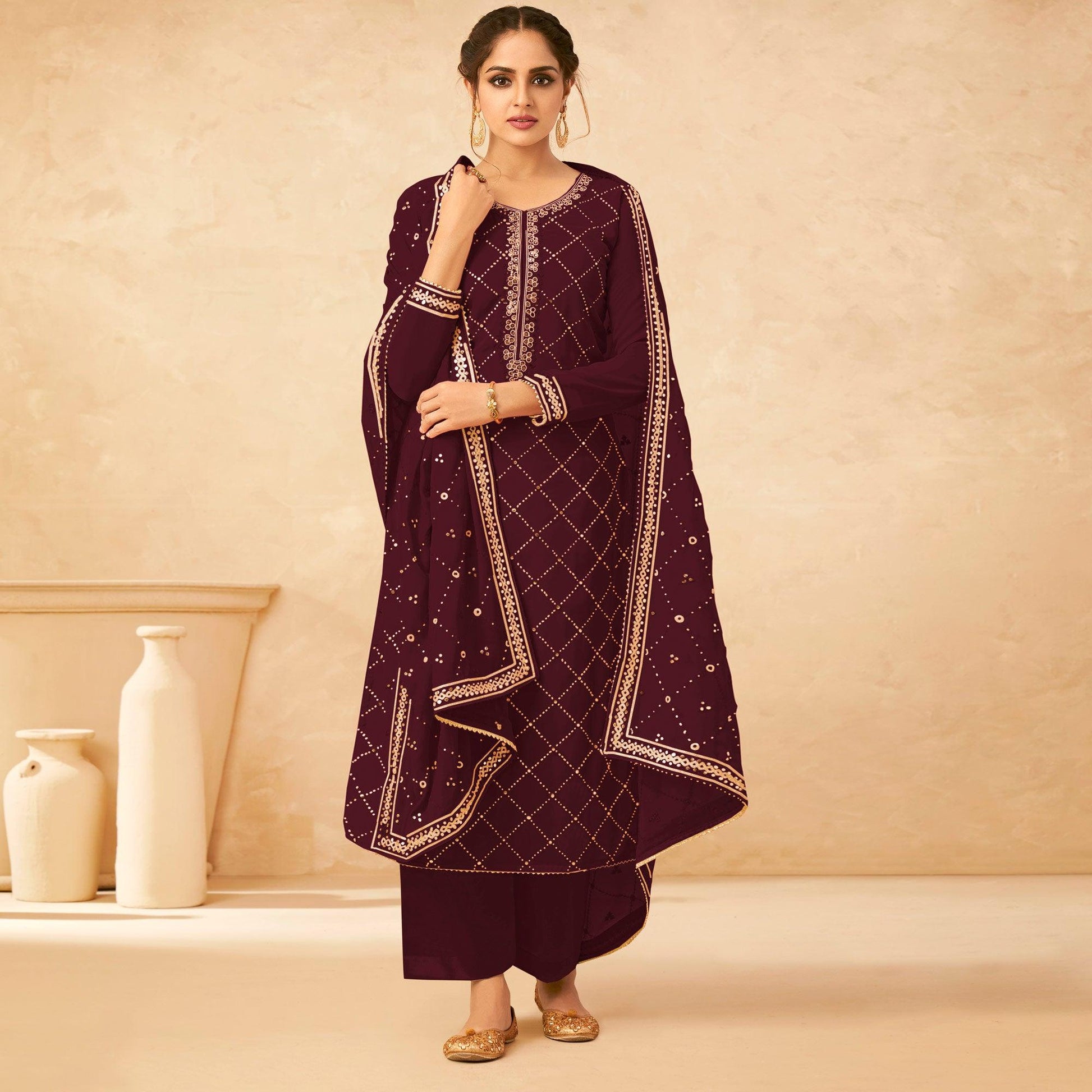 Maroon Partywear Sequins Work Real Georgette Palazzo Suit