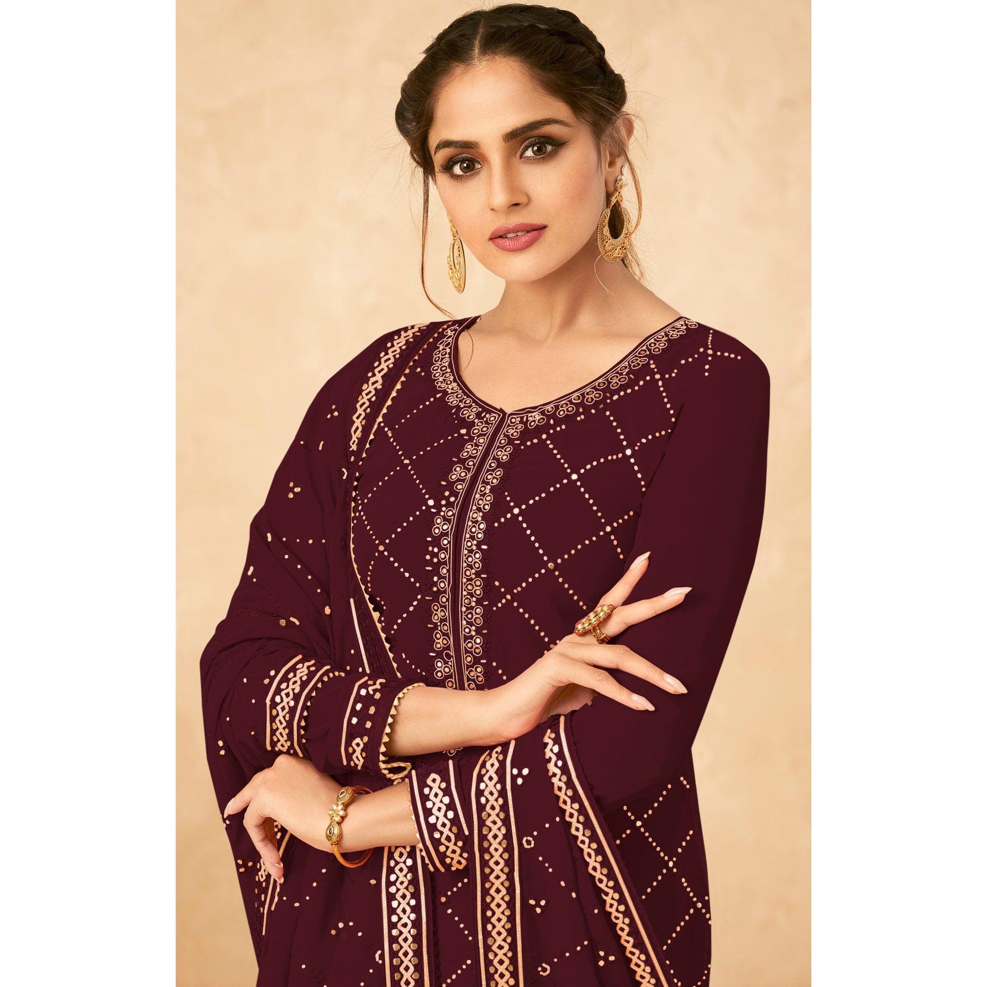 Maroon Partywear Sequins Work Real Georgette Palazzo Suit