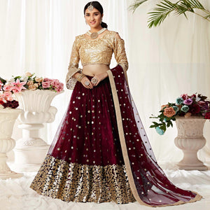 Maroon Partywear Sequined Embroidered Net Lehenga Choli
