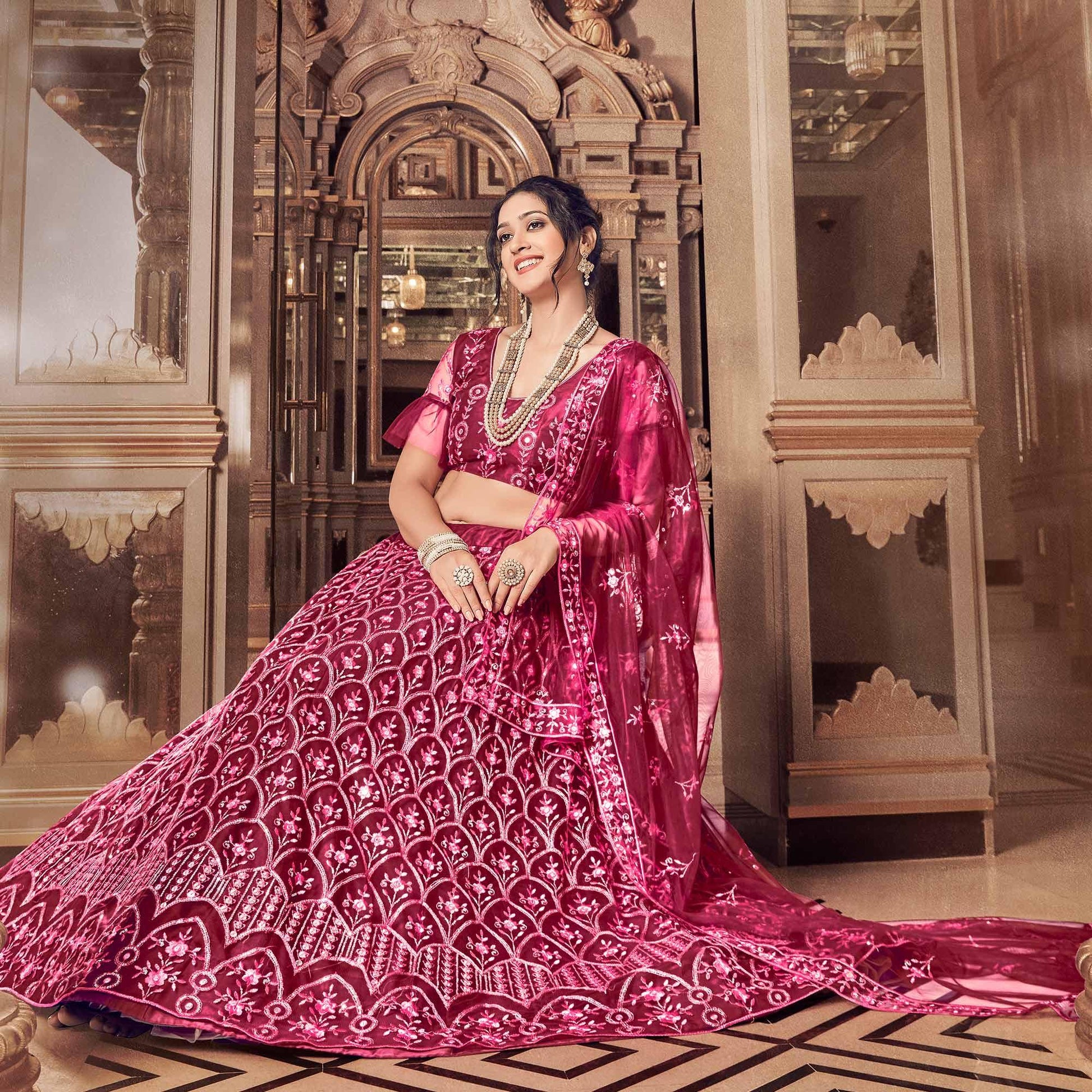 Maroon Partywear Thread Sequins Soft Net Lehenga Choli