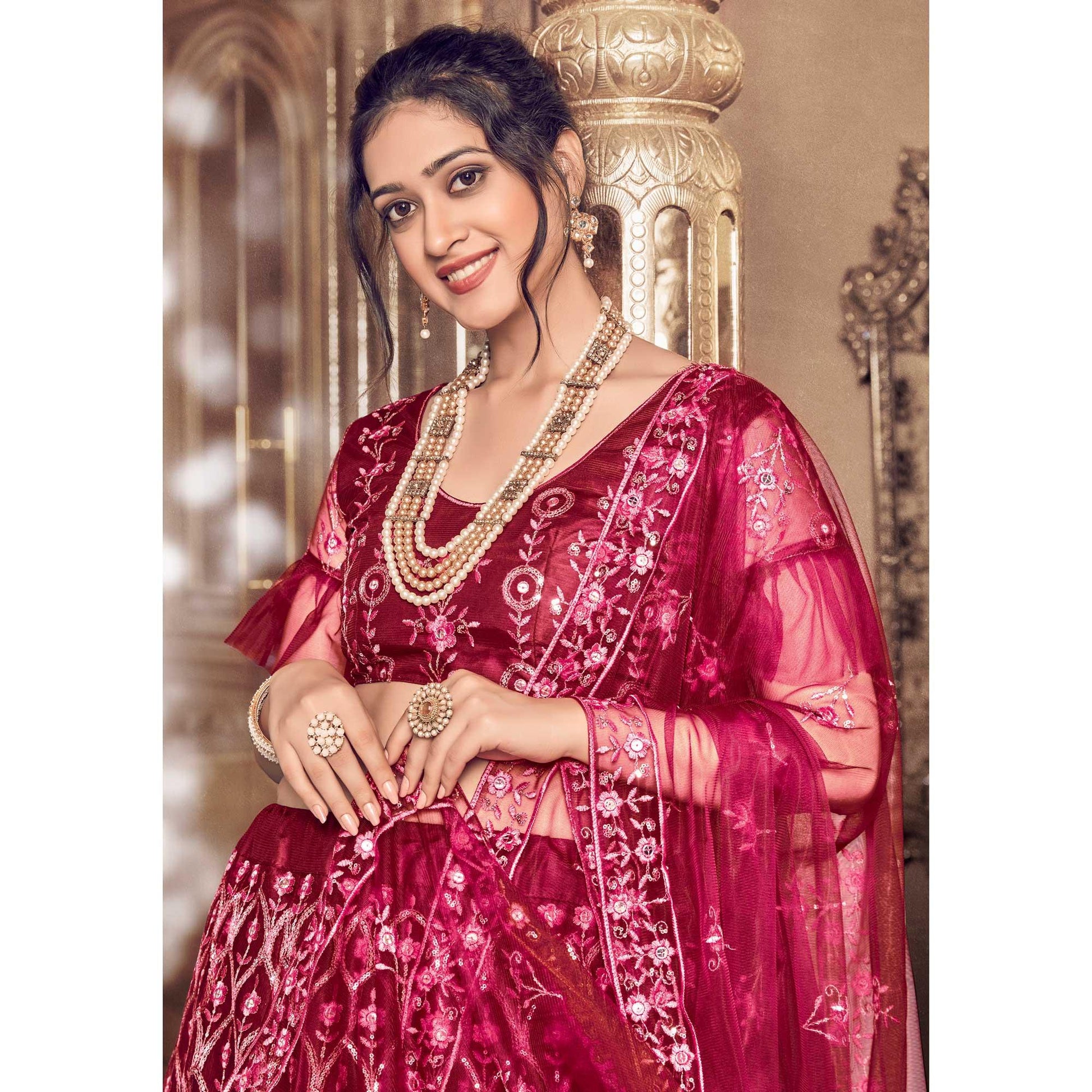 Maroon Partywear Thread Sequins Soft Net Lehenga Choli