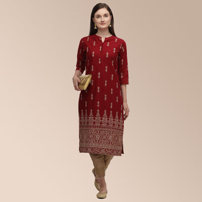 Maroon Partywear Woven Cotton Kurti Set