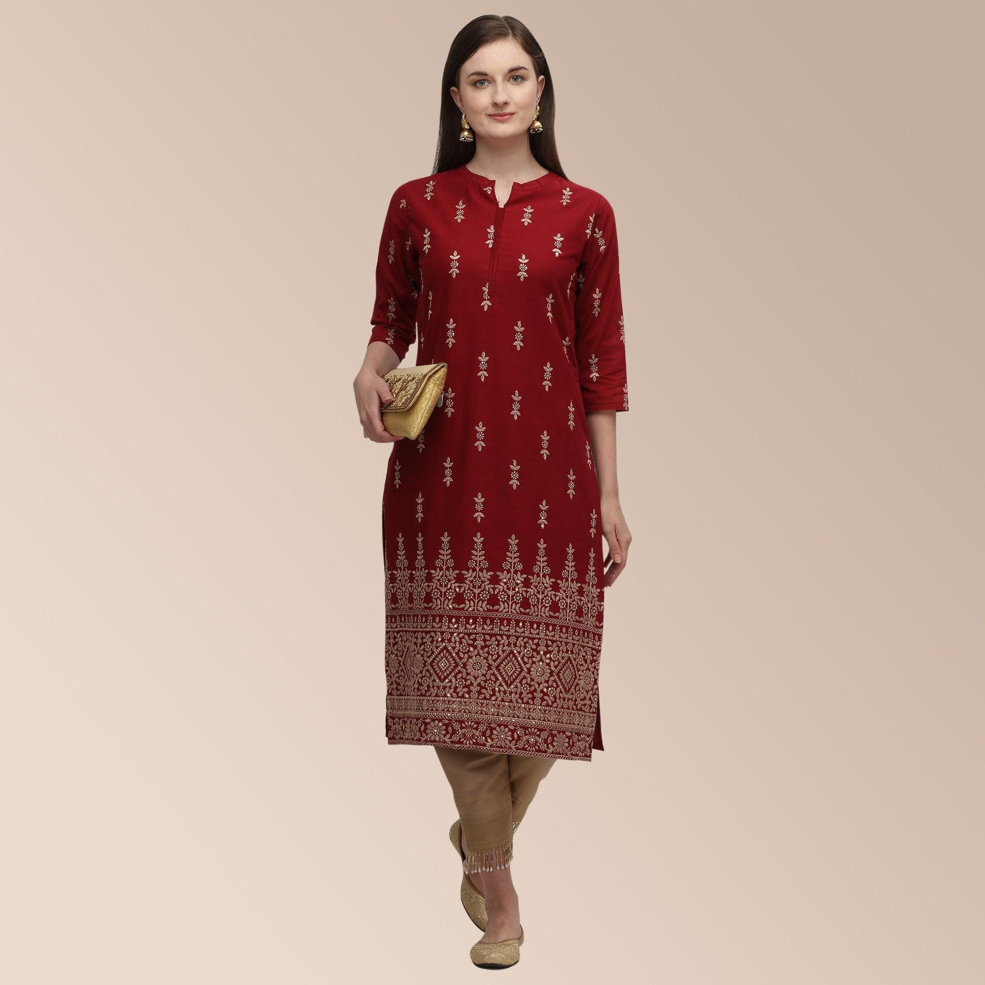 Maroon Partywear Woven Cotton Kurti Set
