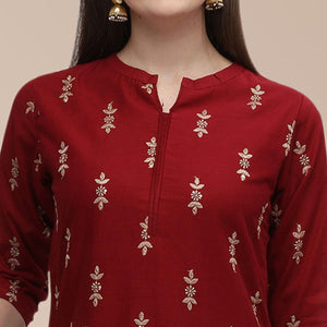 Maroon Partywear Woven Cotton Kurti Set