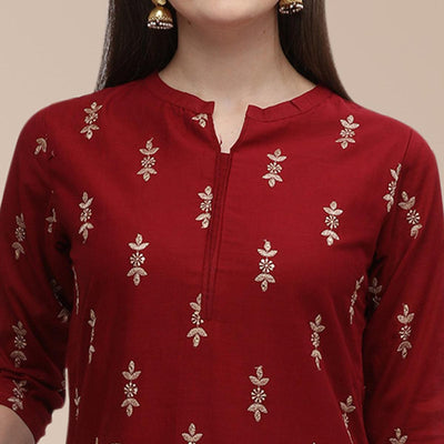 Maroon Partywear Woven Cotton Kurti Set