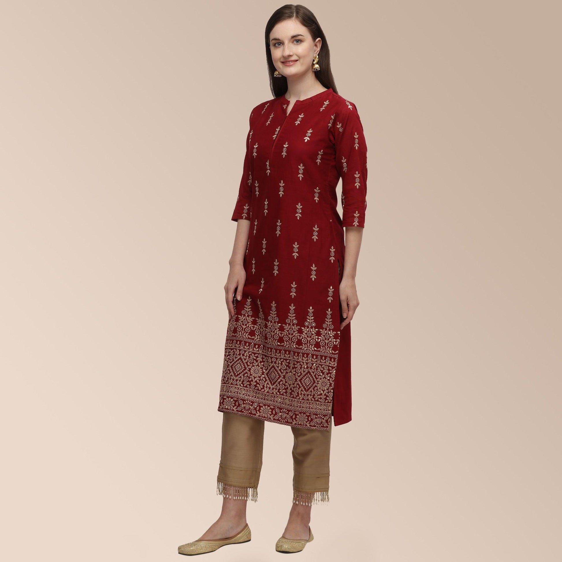 Maroon Partywear Woven Cotton Kurti Set