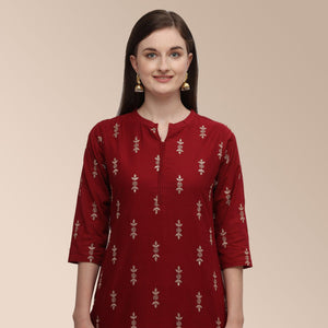Maroon Partywear Woven Cotton Kurti Set