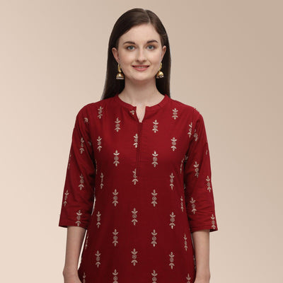 Maroon Partywear Woven Cotton Kurti Set