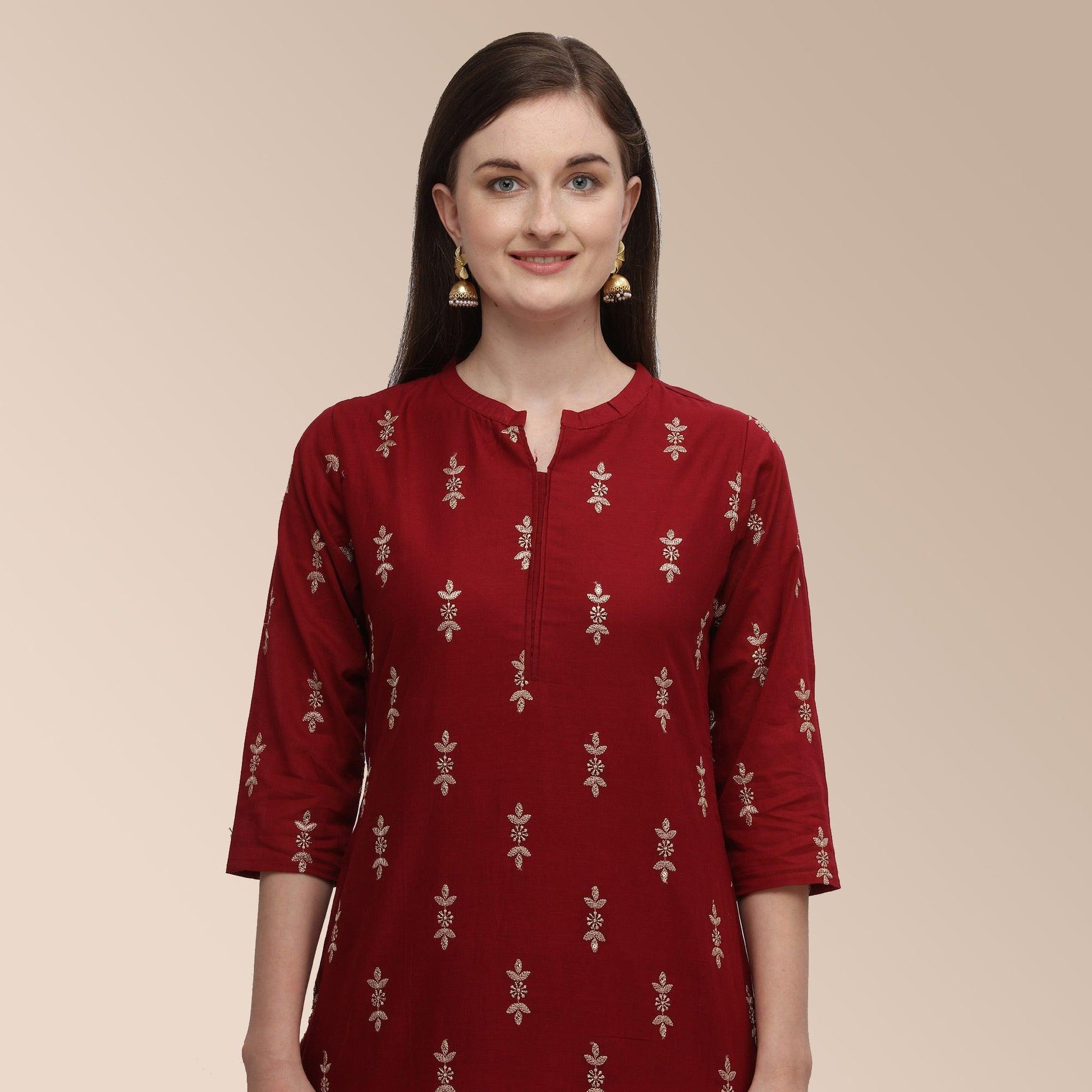 Maroon Partywear Woven Cotton Kurti Set