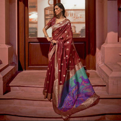Maroon Partywear Woven Silk Saree