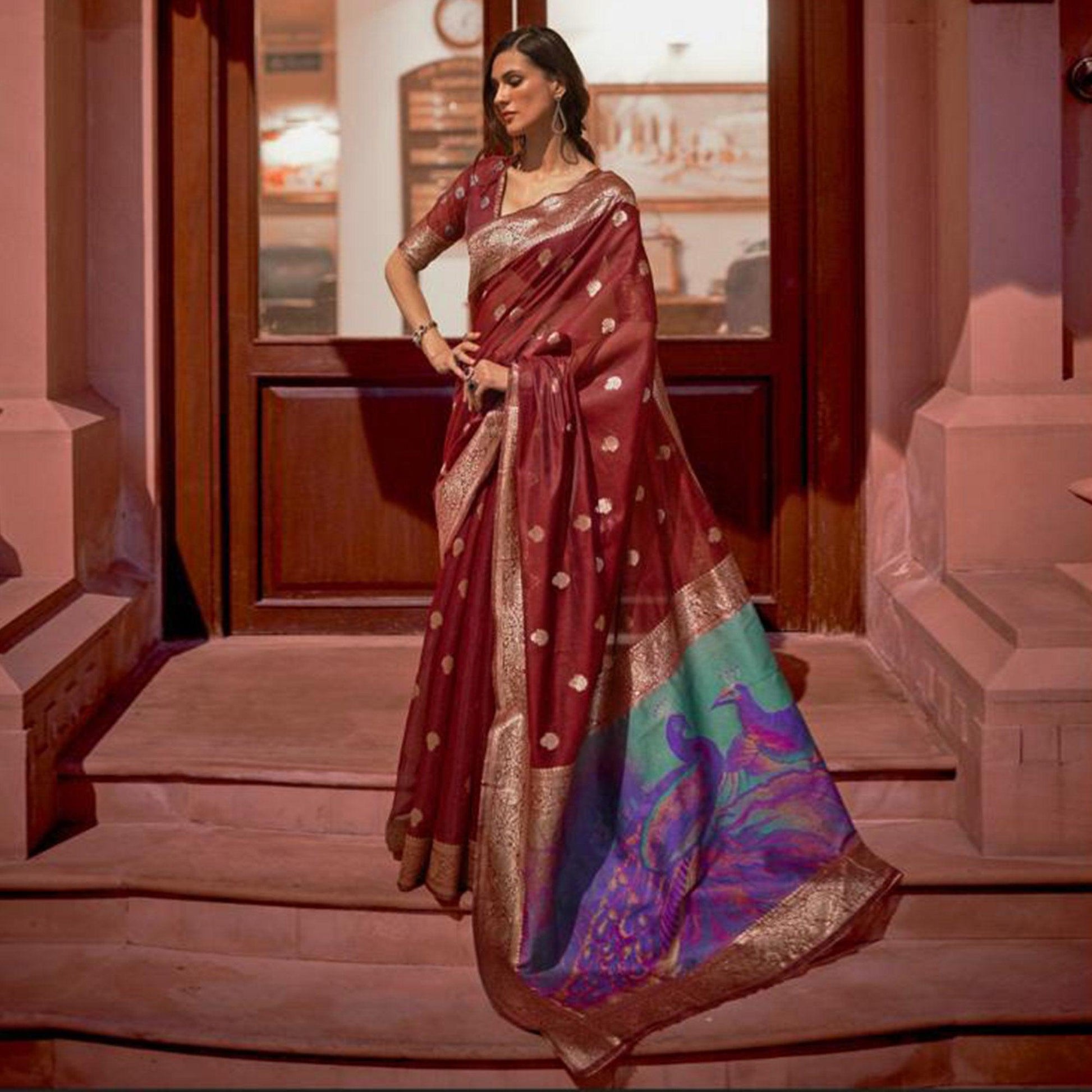Maroon Partywear Woven Silk Saree