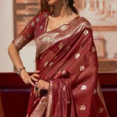 Maroon Partywear Woven Silk Saree