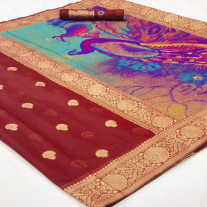 Maroon Partywear Woven Silk Saree