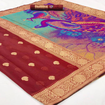 Maroon Partywear Woven Silk Saree