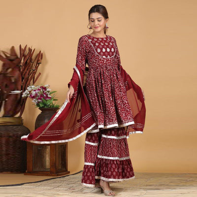 Maroon Patywear Printed With Gotta Patti Cotton Palazzo Suit