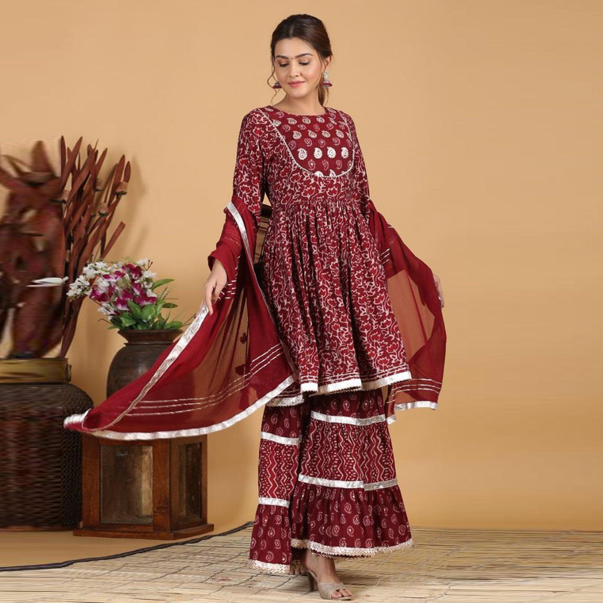 Maroon Patywear Printed With Gotta Patti Cotton Palazzo Suit