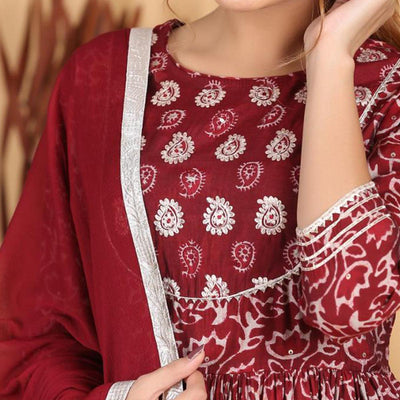Maroon Patywear Printed With Gotta Patti Cotton Palazzo Suit