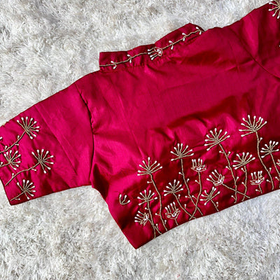 Maroon Pista Silk Blouse with Handwork and Designer Handcrafted Collar
