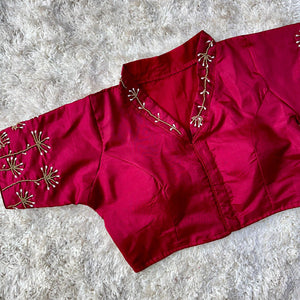 Maroon Pista Silk Blouse with Handwork and Designer Handcrafted Collar