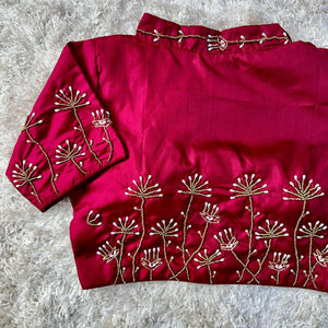 Maroon Pista Silk Blouse with Handwork and Designer Handcrafted Collar