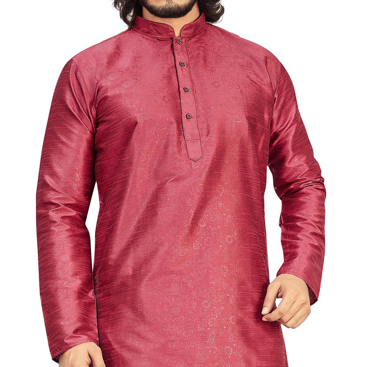 Maroon Printed Art Silk Men's Kurta Pyjama Set