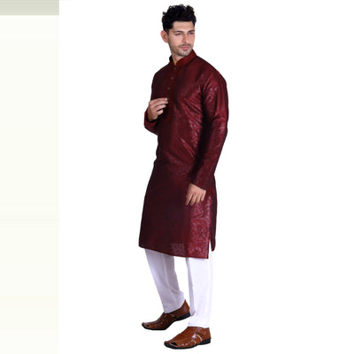Maroon Printed Art Silk Men's Kurta Pyjama Set