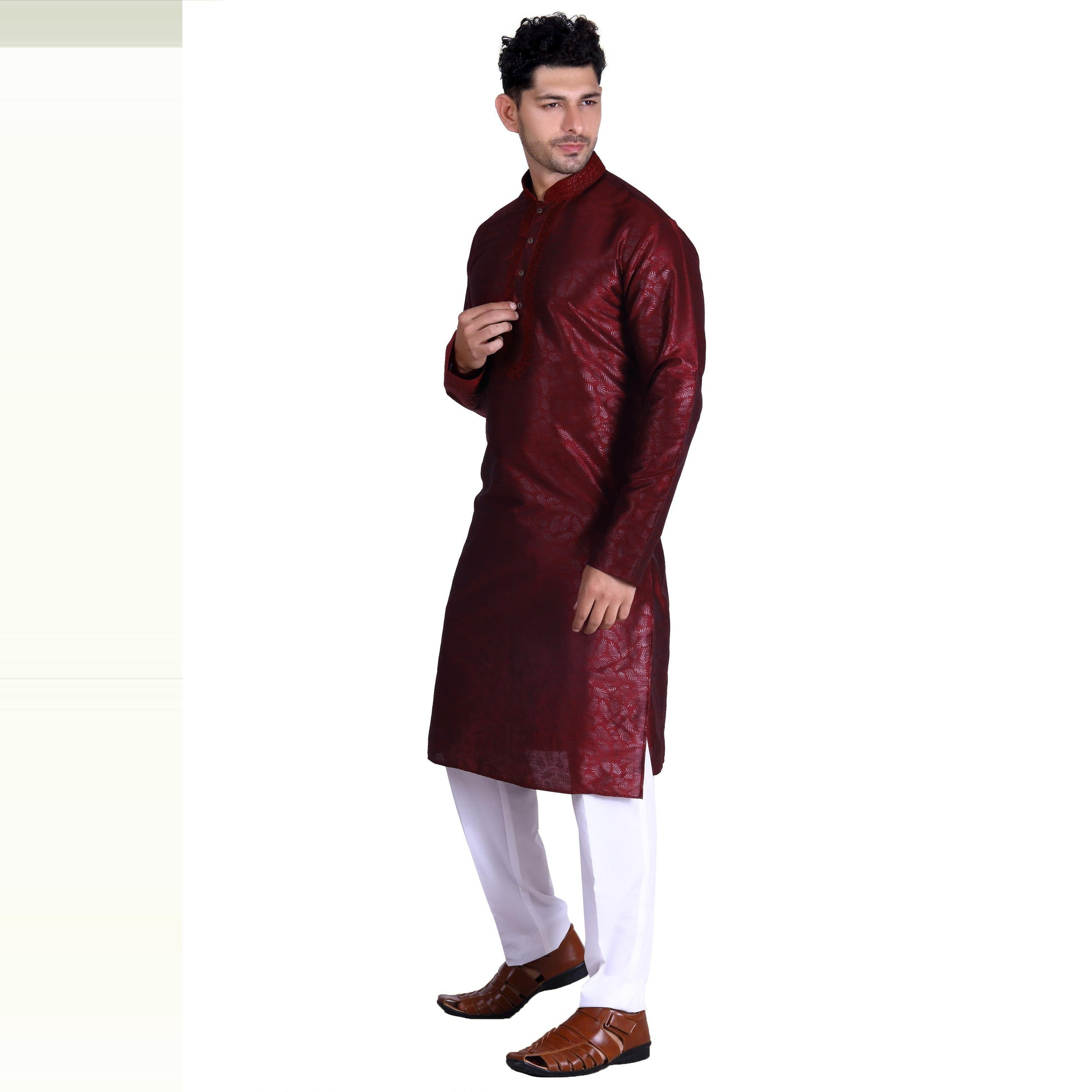 Maroon Printed Art Silk Men's Kurta Pyjama Set