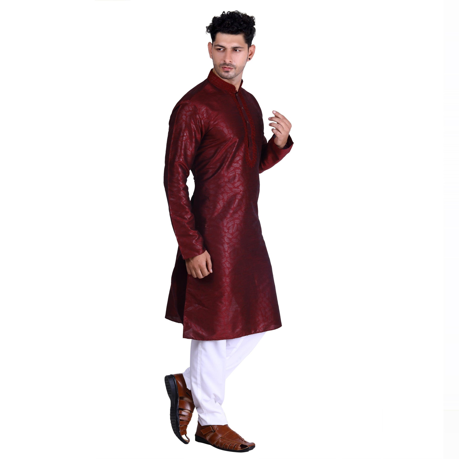 Maroon Printed Art Silk Men's Kurta Pyjama Set
