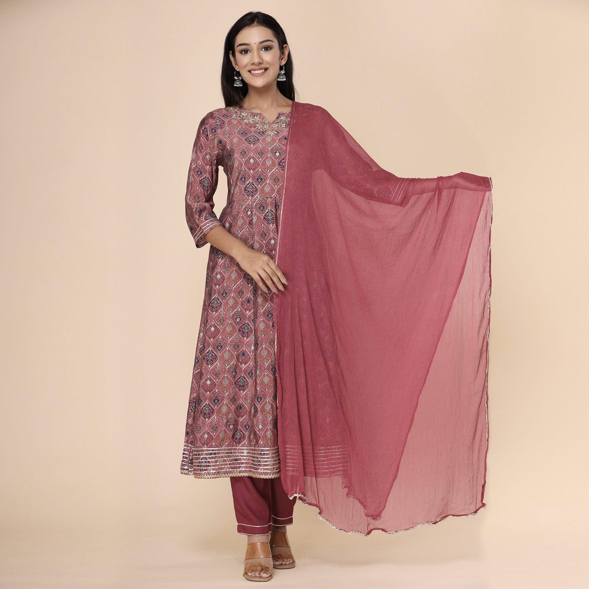 Maroon Printed Cotton Silk Anarkali Kurti Pant Set With Dupatta