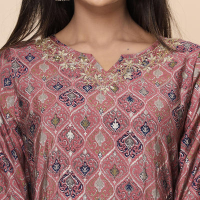 Maroon Printed Cotton Silk Anarkali Kurti Pant Set With Dupatta