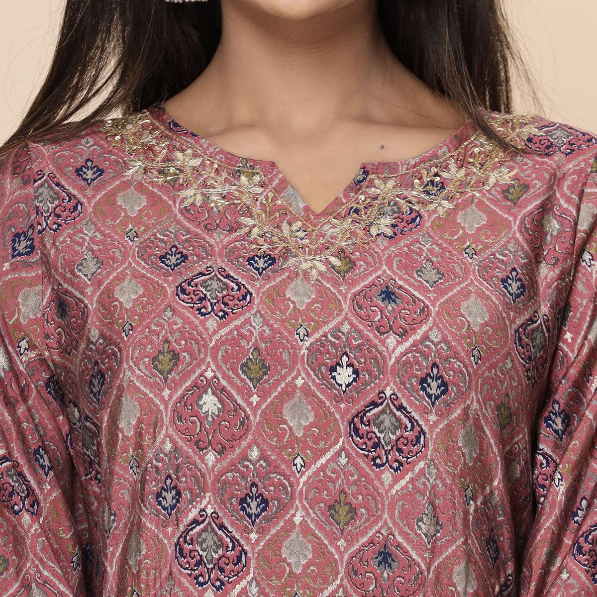 Maroon Printed Cotton Silk Anarkali Kurti Pant Set With Dupatta